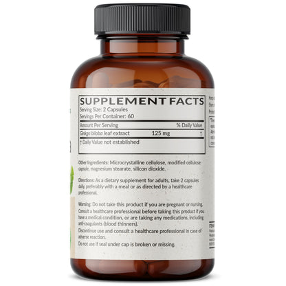 Side angle of the Futurebiotics Ginkgo Biloba supplement bottle detailing nutritional facts and 500 milligram dosage.