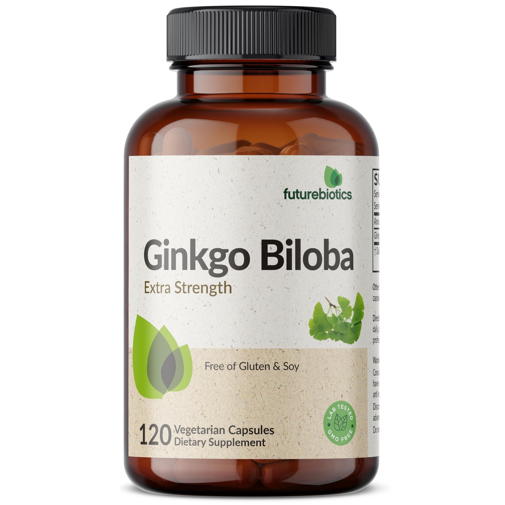 Authentic imported Futurebiotics Ginkgo Biloba bottle highlighting the clear vegetarian capsule formulation information.