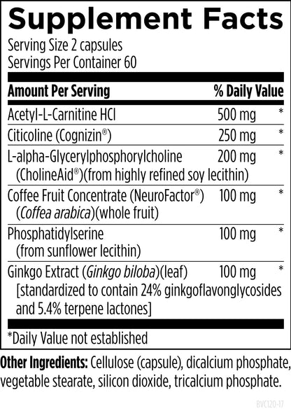 Close up of Designs for Health Brain Vitale nootropic capsules showing gluten free and vegan labels