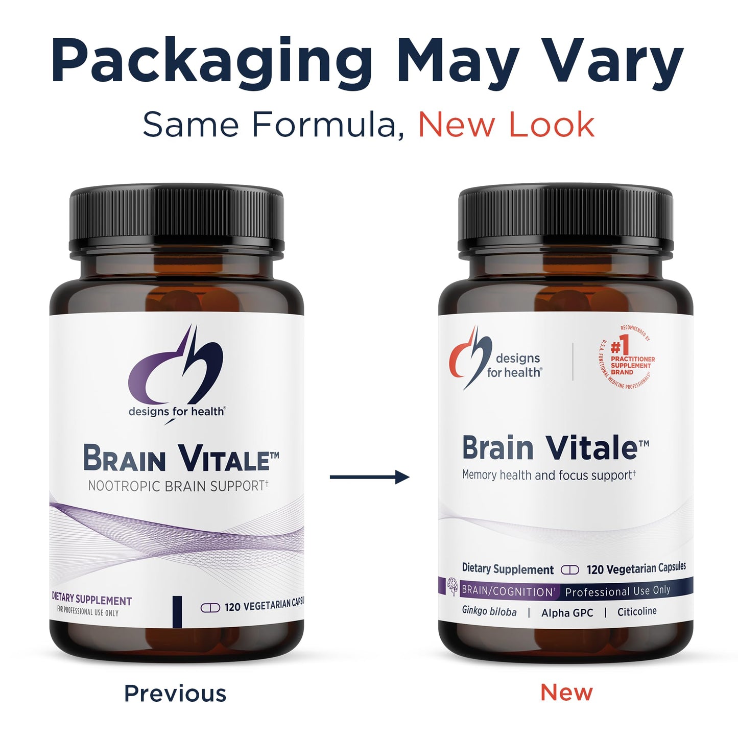 Designs for Health Brain Vitale bottle showing professional use and dietary supplement text