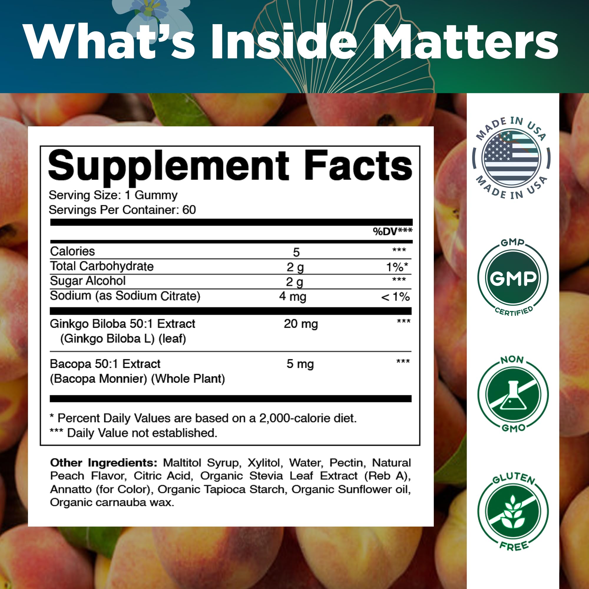 Vitamatic brain health supplement showing natural peach flavor details.