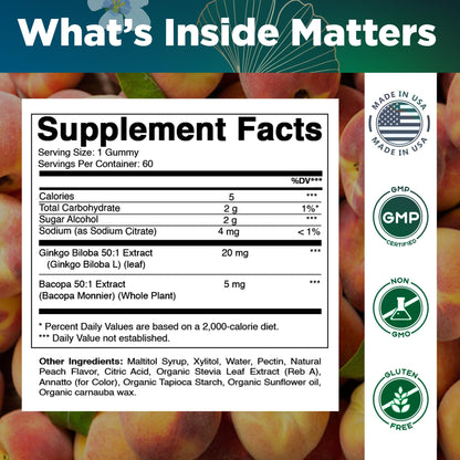 Vitamatic brain health supplement showing natural peach flavor details.