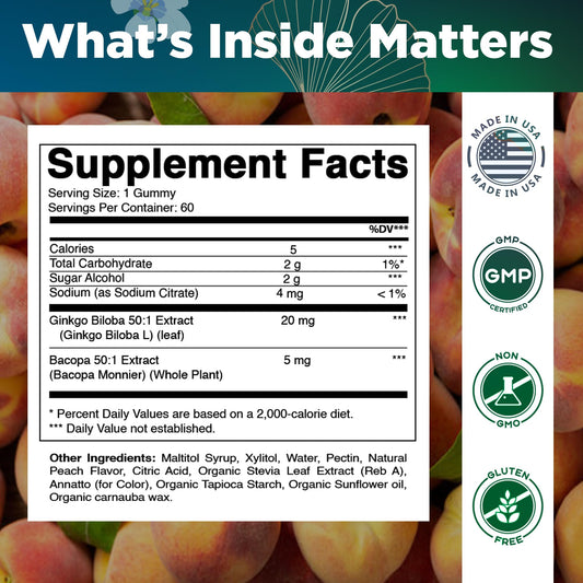 Vitamatic brain health supplement showing natural peach flavor details.