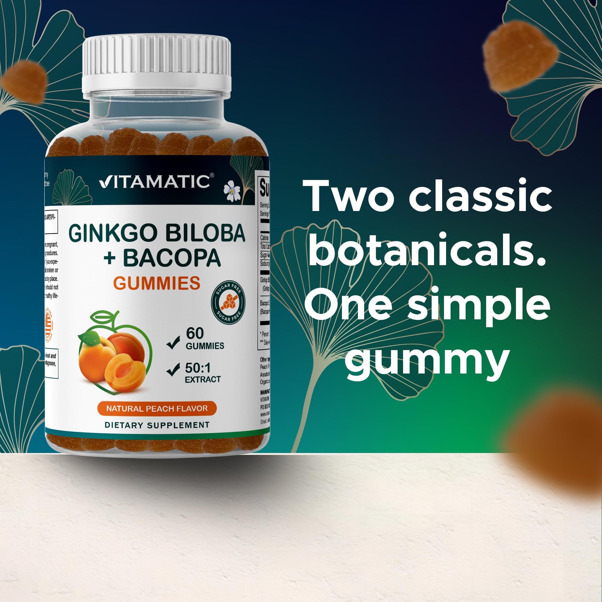 Vegan and non-GMO certification seals on Vitamatic plant based gummies.