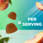 Texture and close up view of peach flavored vegan brain support gummies.