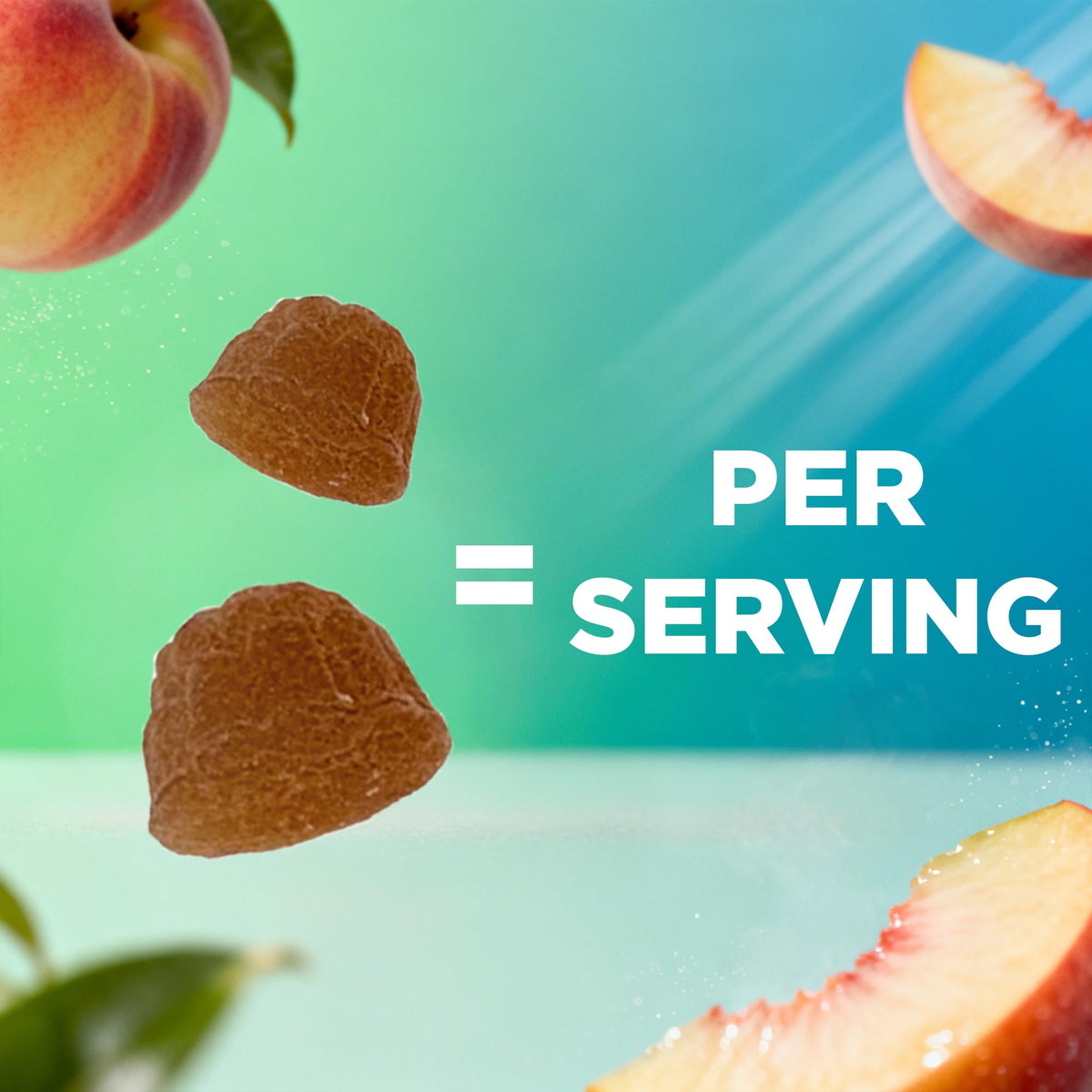 Texture and close up view of peach flavored vegan brain support gummies.