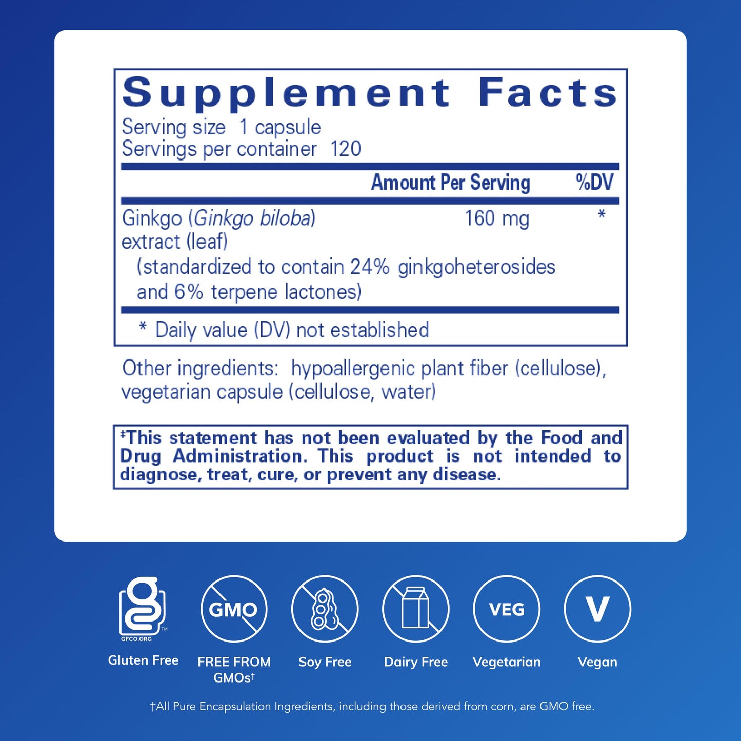 Standardized 160 milligrams Ginkgo biloba extract capsules supplement facts label.