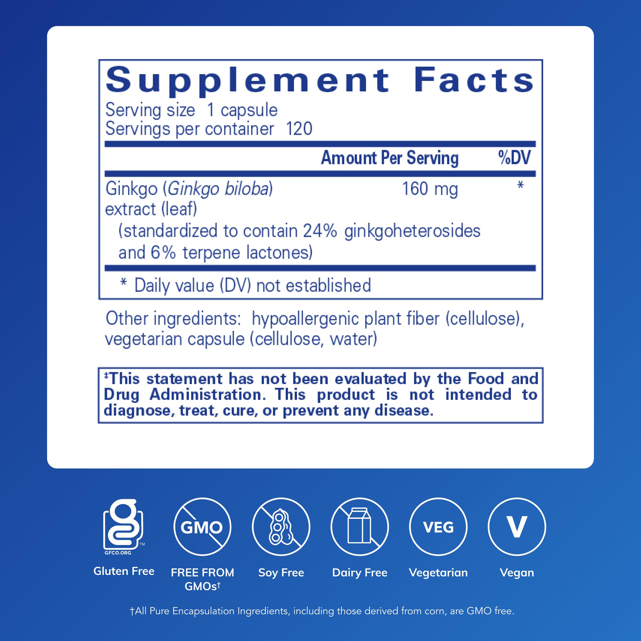 Standardized 160 milligrams Ginkgo biloba extract capsules supplement facts label.
