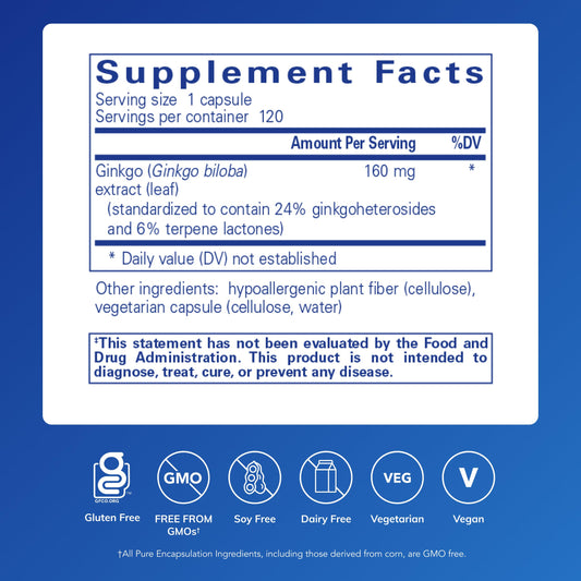 Standardized 160 milligrams Ginkgo biloba extract capsules supplement facts label.