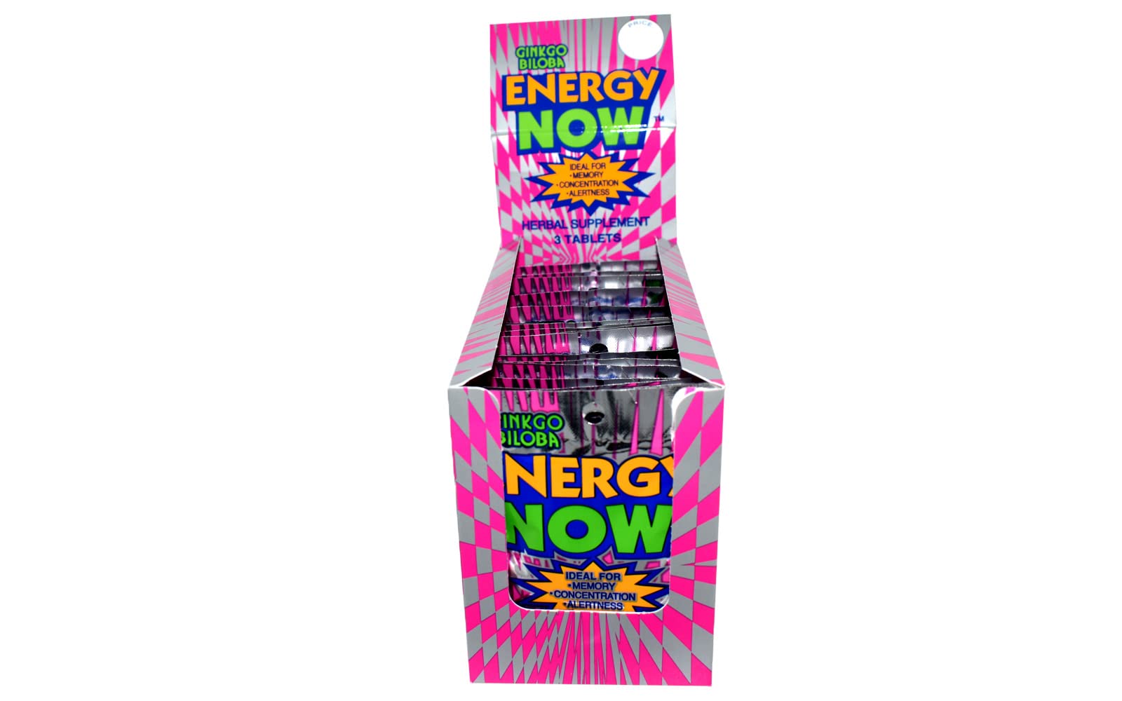Energy Now Ginkgo Biloba herbal nutrient blend tablets individual packet layout for portable brain focus support.
