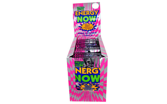 Energy Now Ginkgo Biloba herbal nutrient blend tablets individual packet layout for portable brain focus support.