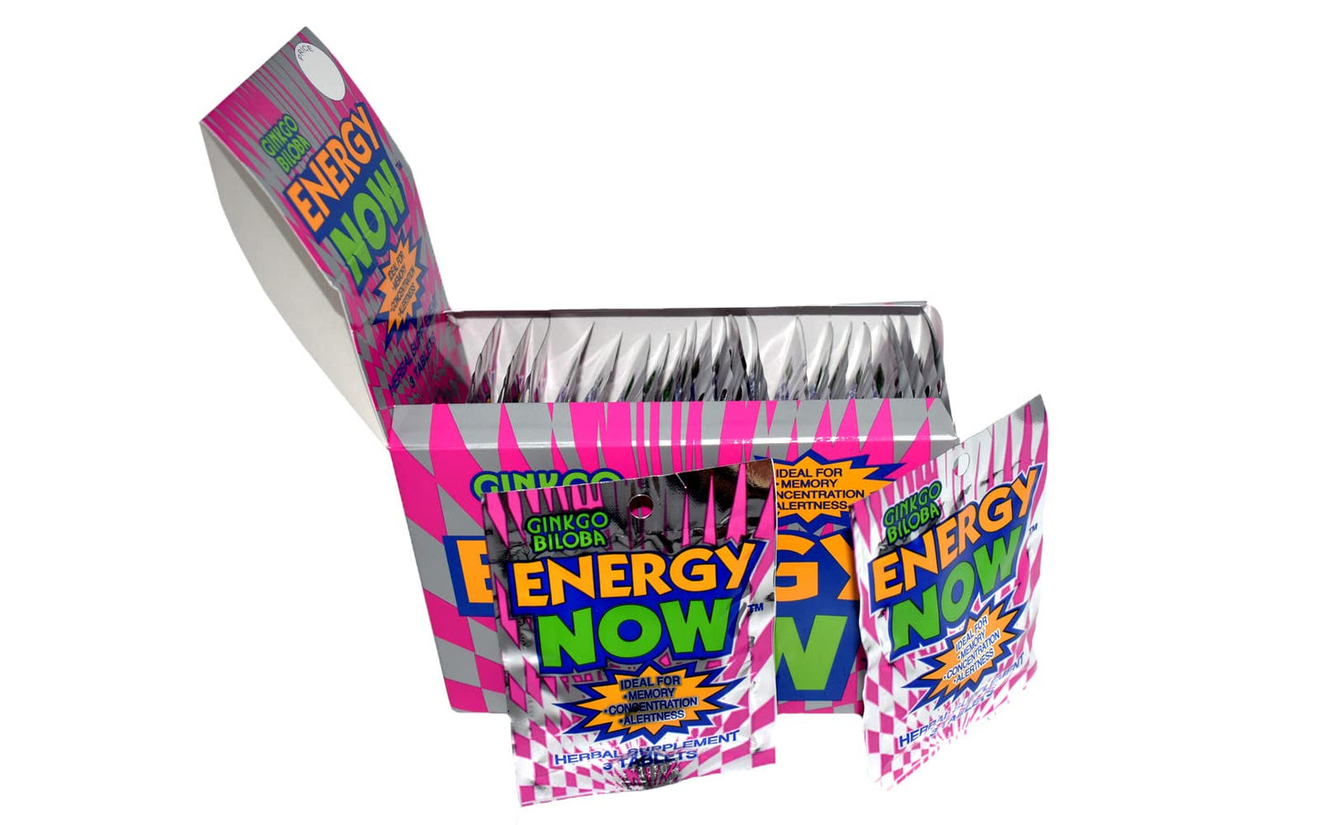 Energy Now Ginkgo Biloba 72 tablets box side panel highlighting non caffeinated formula and supplement facts.