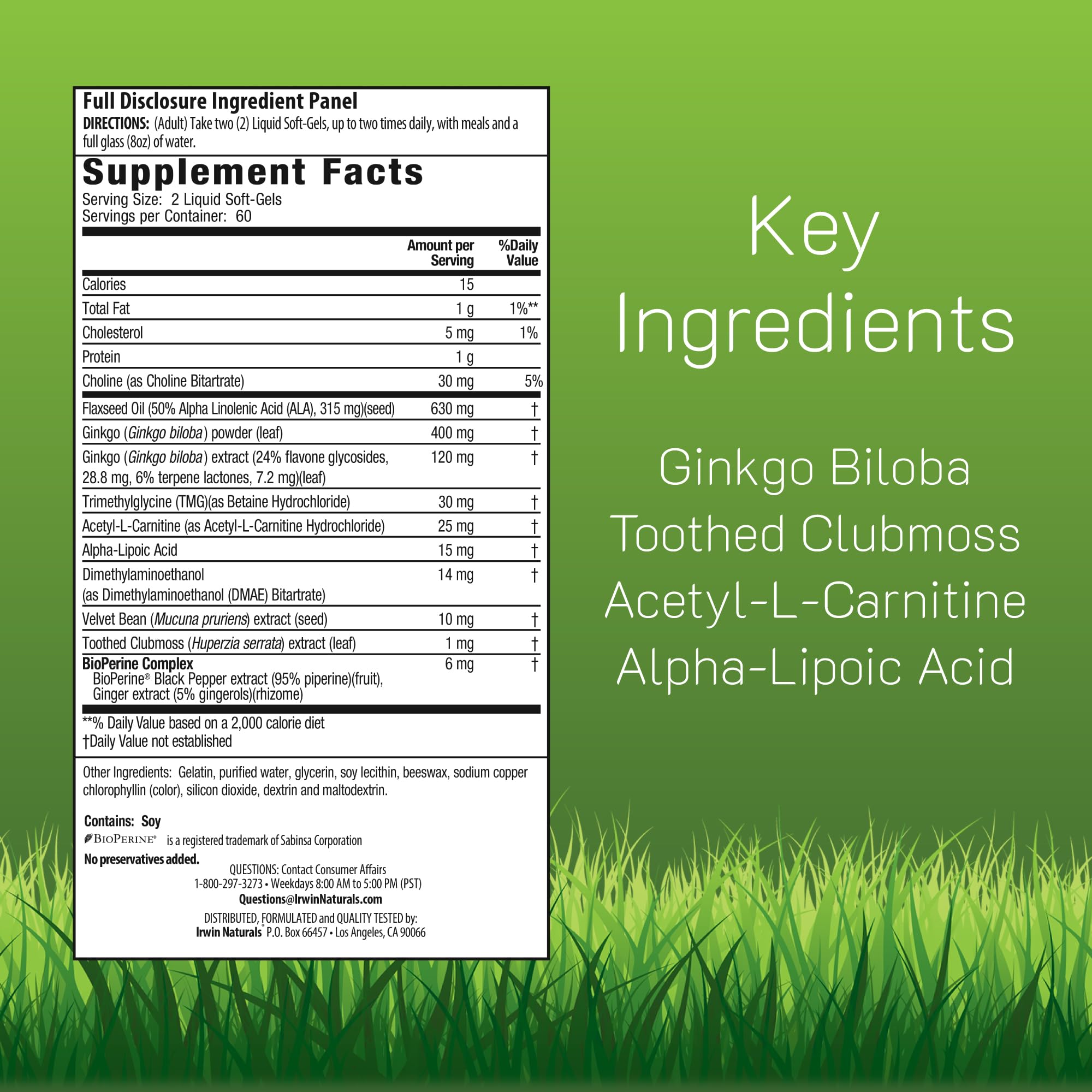 Irwin Naturals maximum focus and memory supplement label facts side view