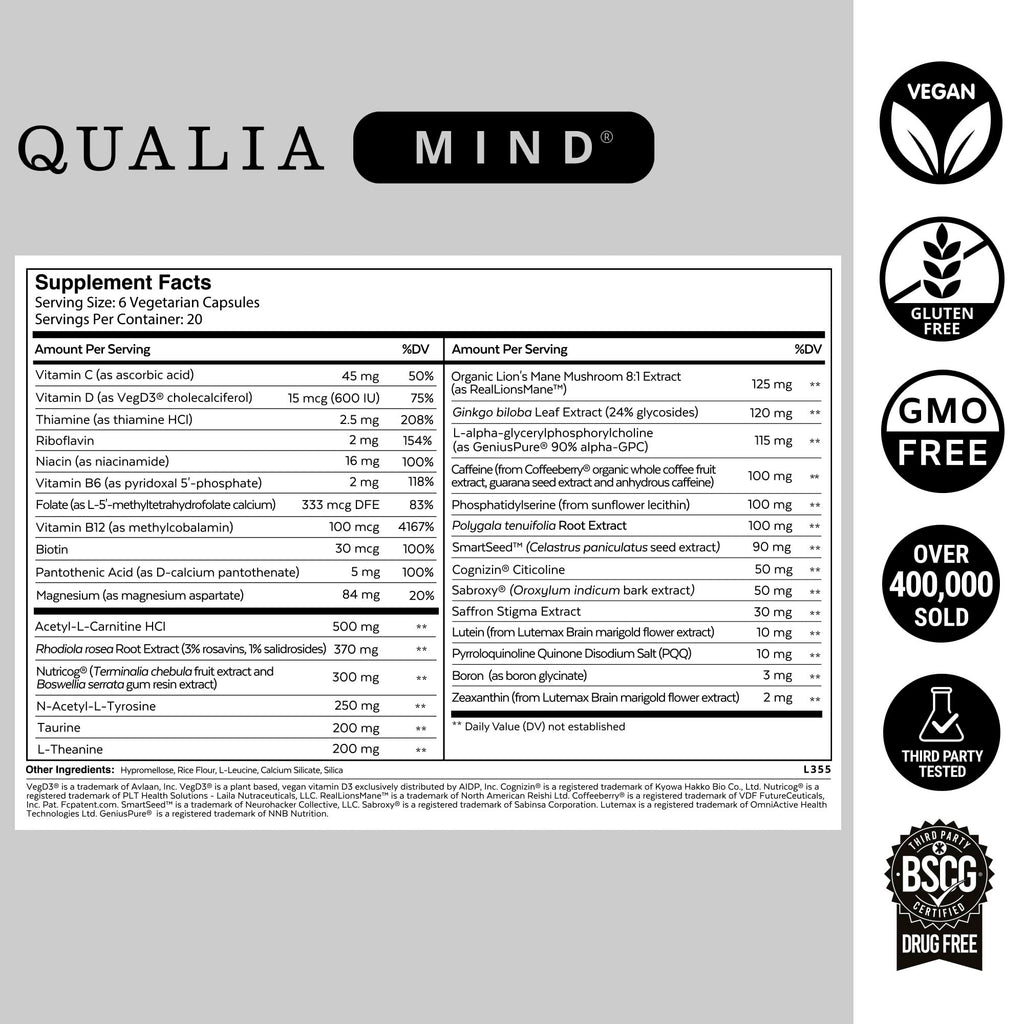 Qualia Mind advanced nootropic supplement bottle showing doctor formulated premium ingredients text