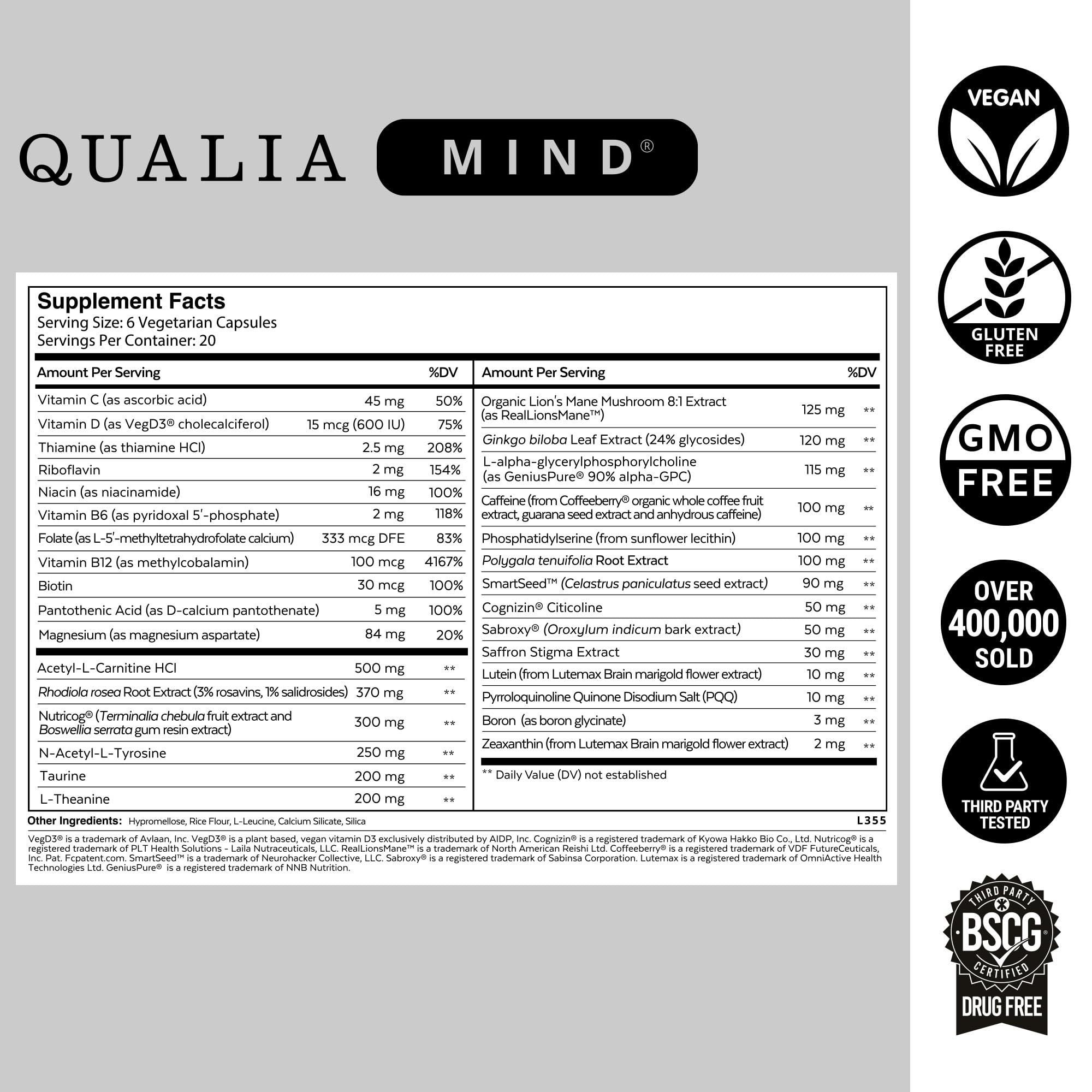 Qualia Mind advanced nootropic supplement bottle showing doctor formulated premium ingredients text