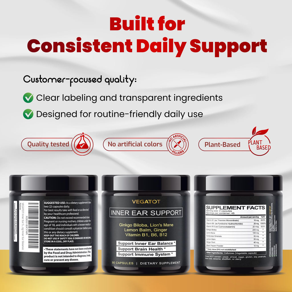 Side view of VEGATOT Ginkgo Biloba and ginger extract formula for vestibular system care