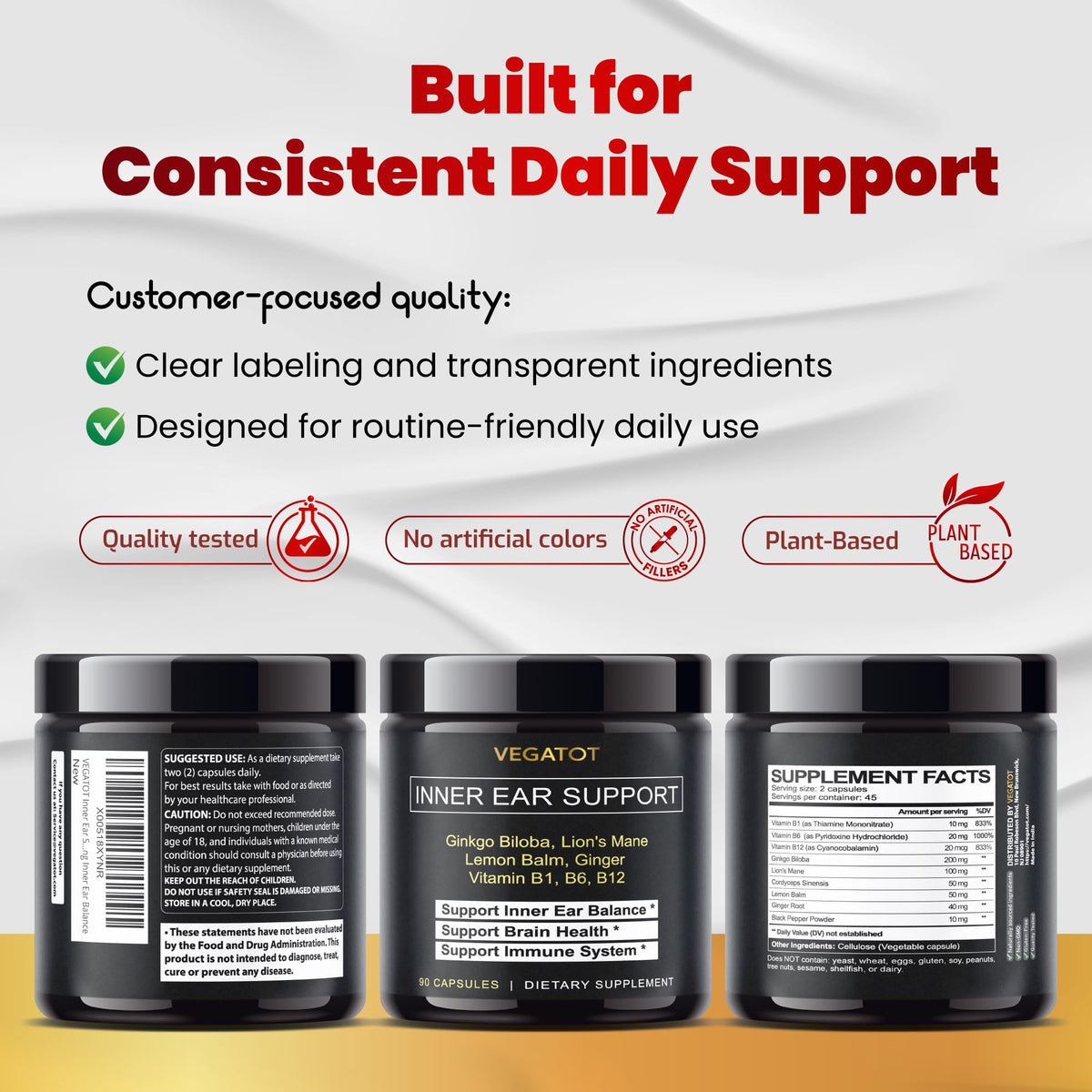 Side view of VEGATOT Ginkgo Biloba and ginger extract formula for vestibular system care