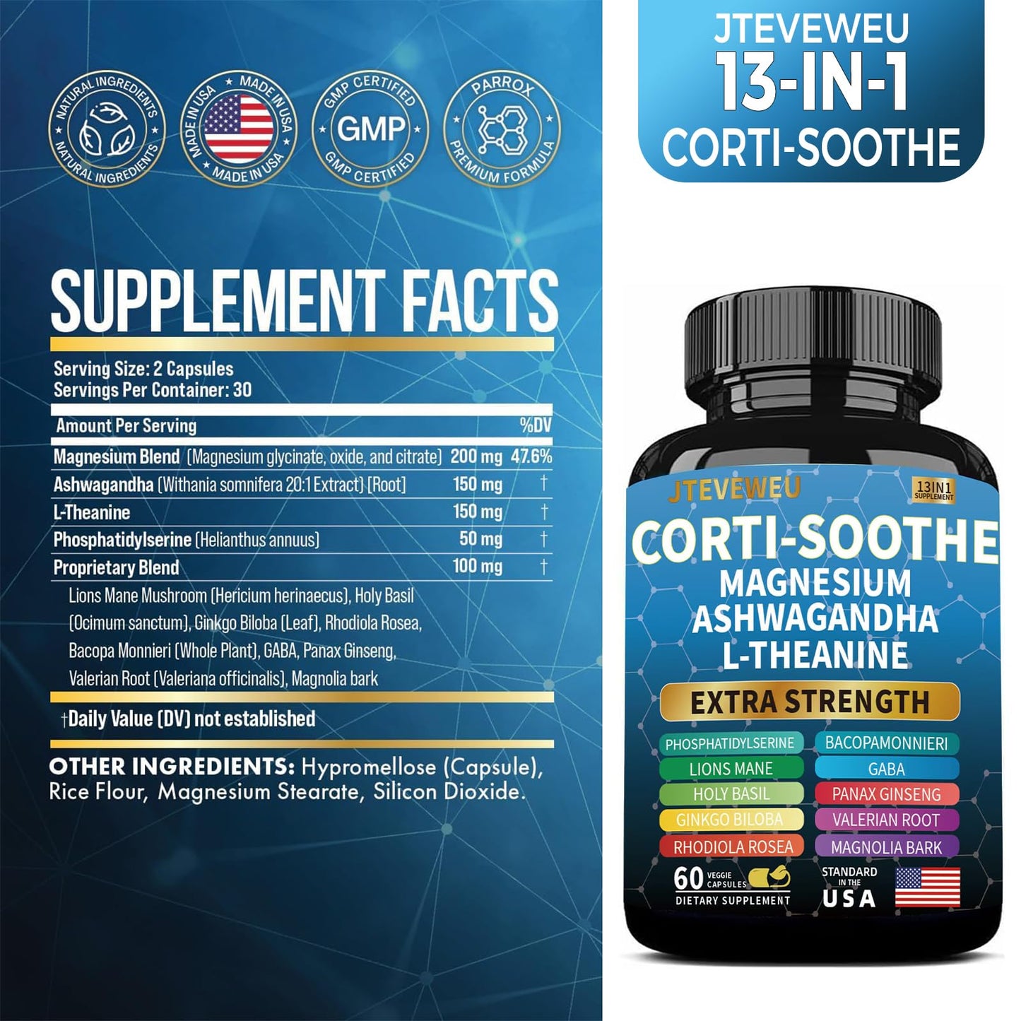 JTEVEweu Cort cortisol manager supplement label showing 60 veggie capsules