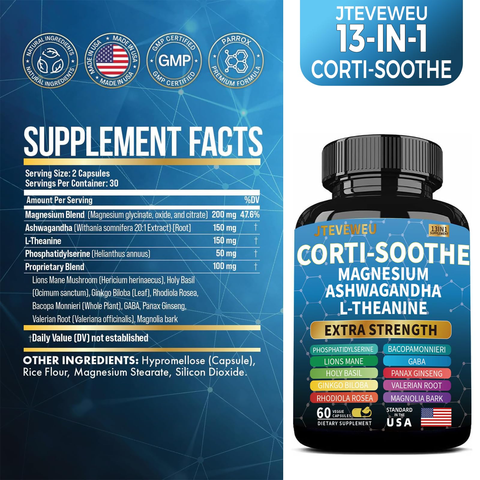 JTEVEweu Cort cortisol manager supplement label showing 60 veggie capsules