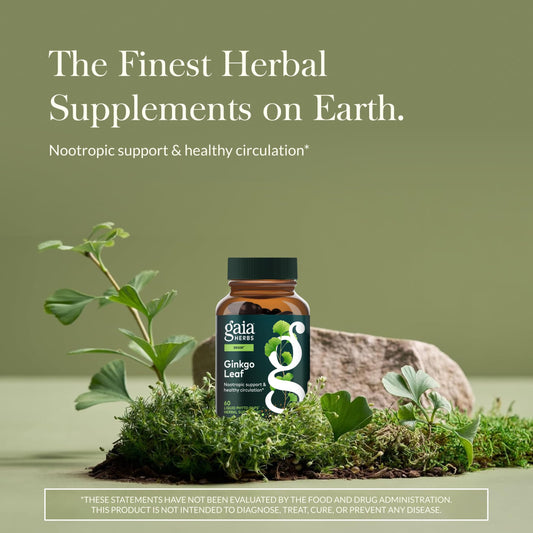 Gaia Herbs Ginkgo Leaf supplement bottle showing the organic ingredients and directions label.