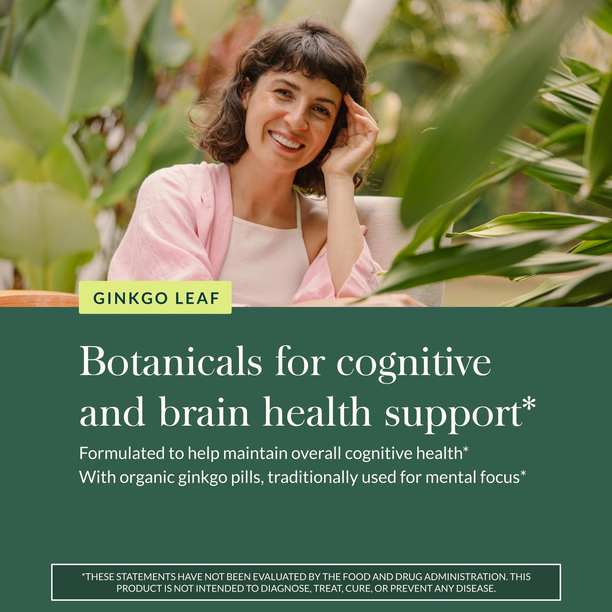 Premium glass bottle of imported Gaia Herbs Ginkgo Leaf capsules highlighting healthy brain circulation.