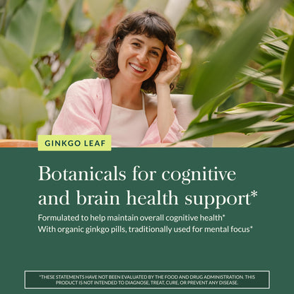 Premium glass bottle of imported Gaia Herbs Ginkgo Leaf capsules highlighting healthy brain circulation.