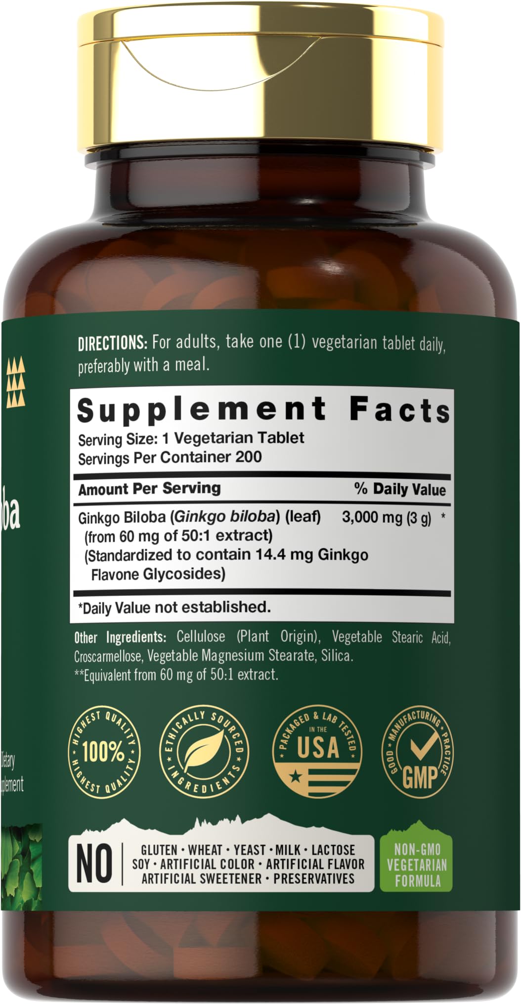 Carlyle Ginkgo Biloba 3000mg extra strength supplement bottle side panel showing nutritional facts