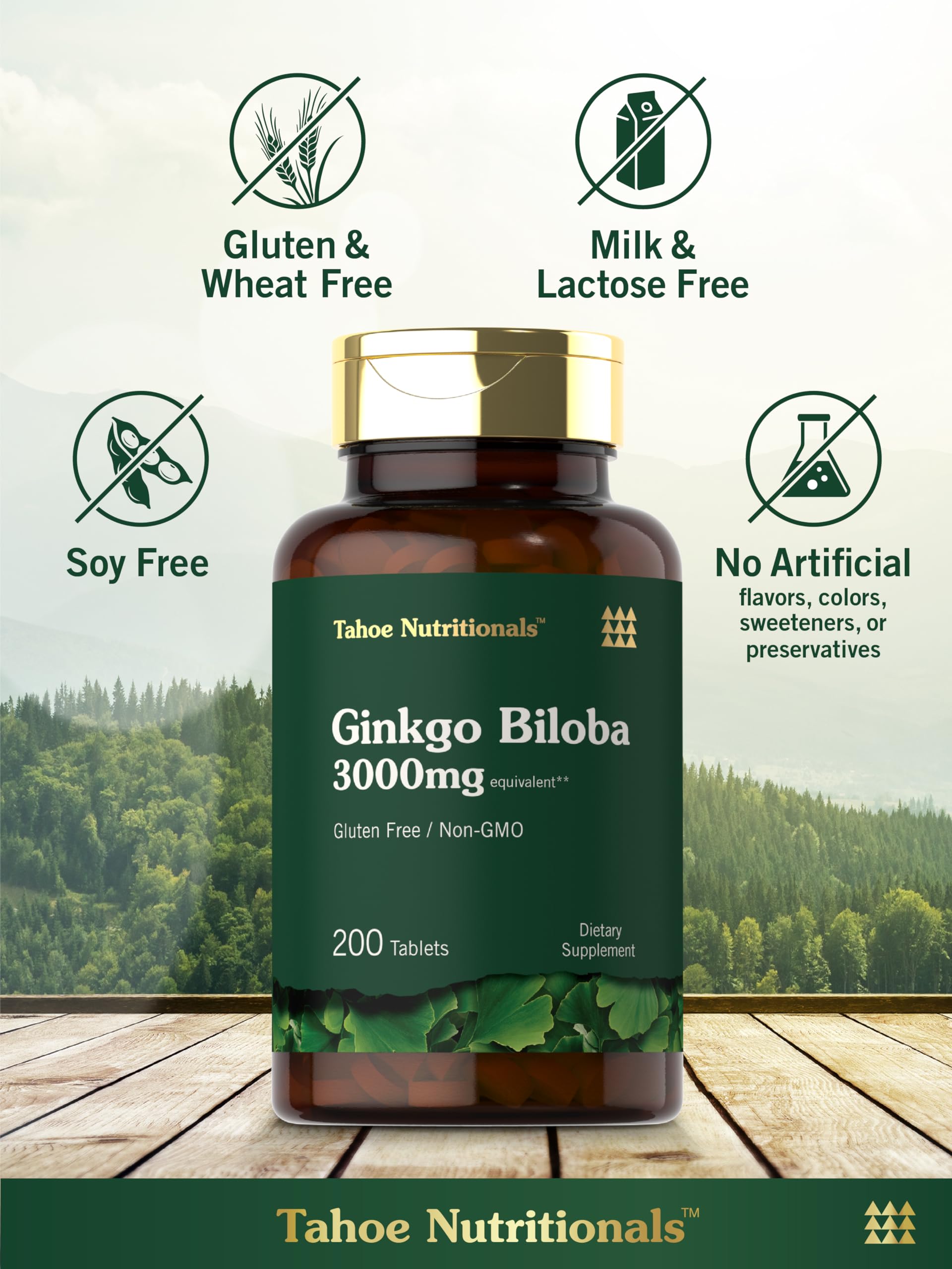 Close up of Carlyle Ginkgo Biloba 200 count bottle displaying standardized extract details