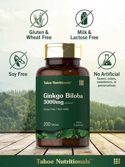 Close up of Carlyle Ginkgo Biloba 200 count bottle displaying standardized extract details