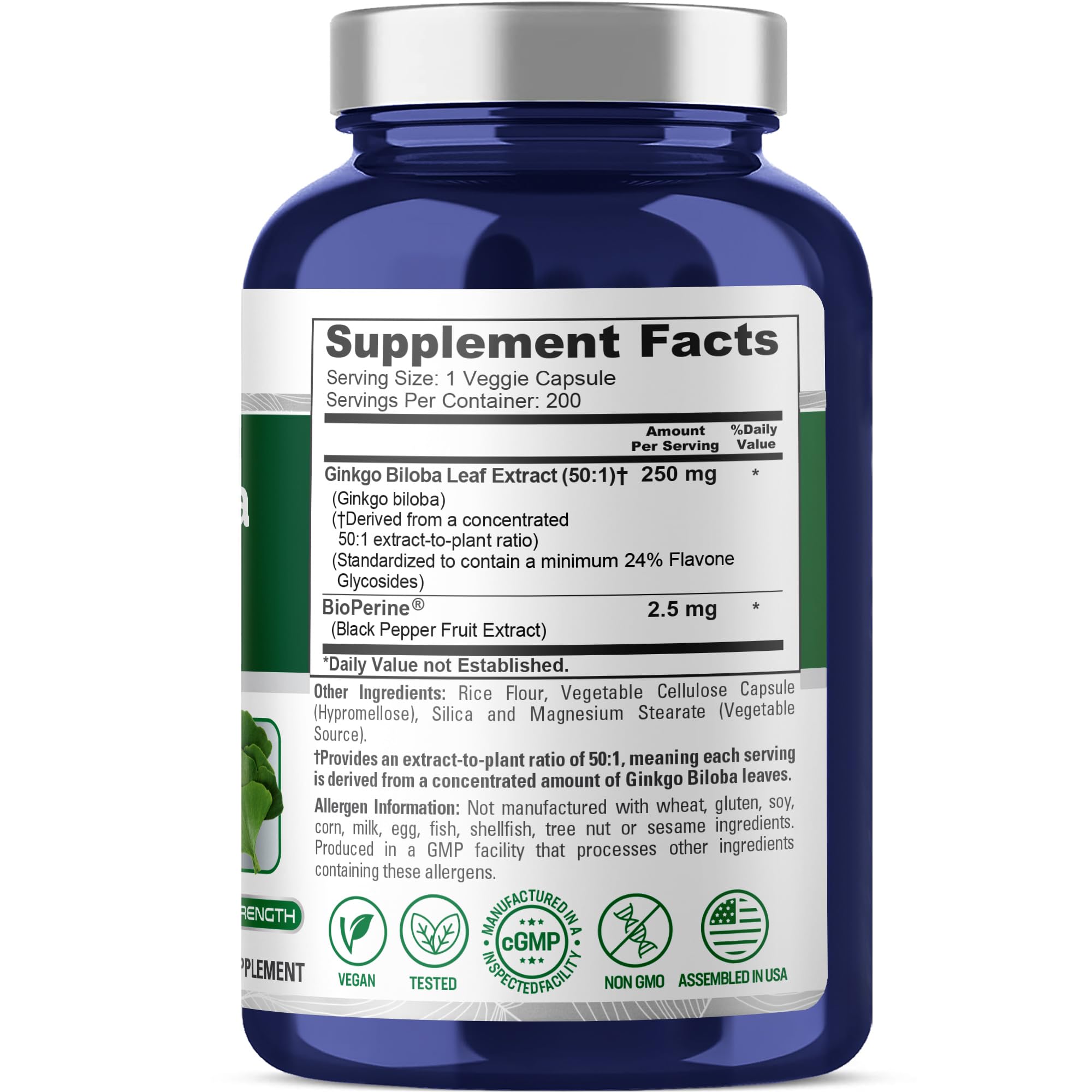 Back label of NusaPure Ginkgo Biloba extract showing supplement facts and ingredients