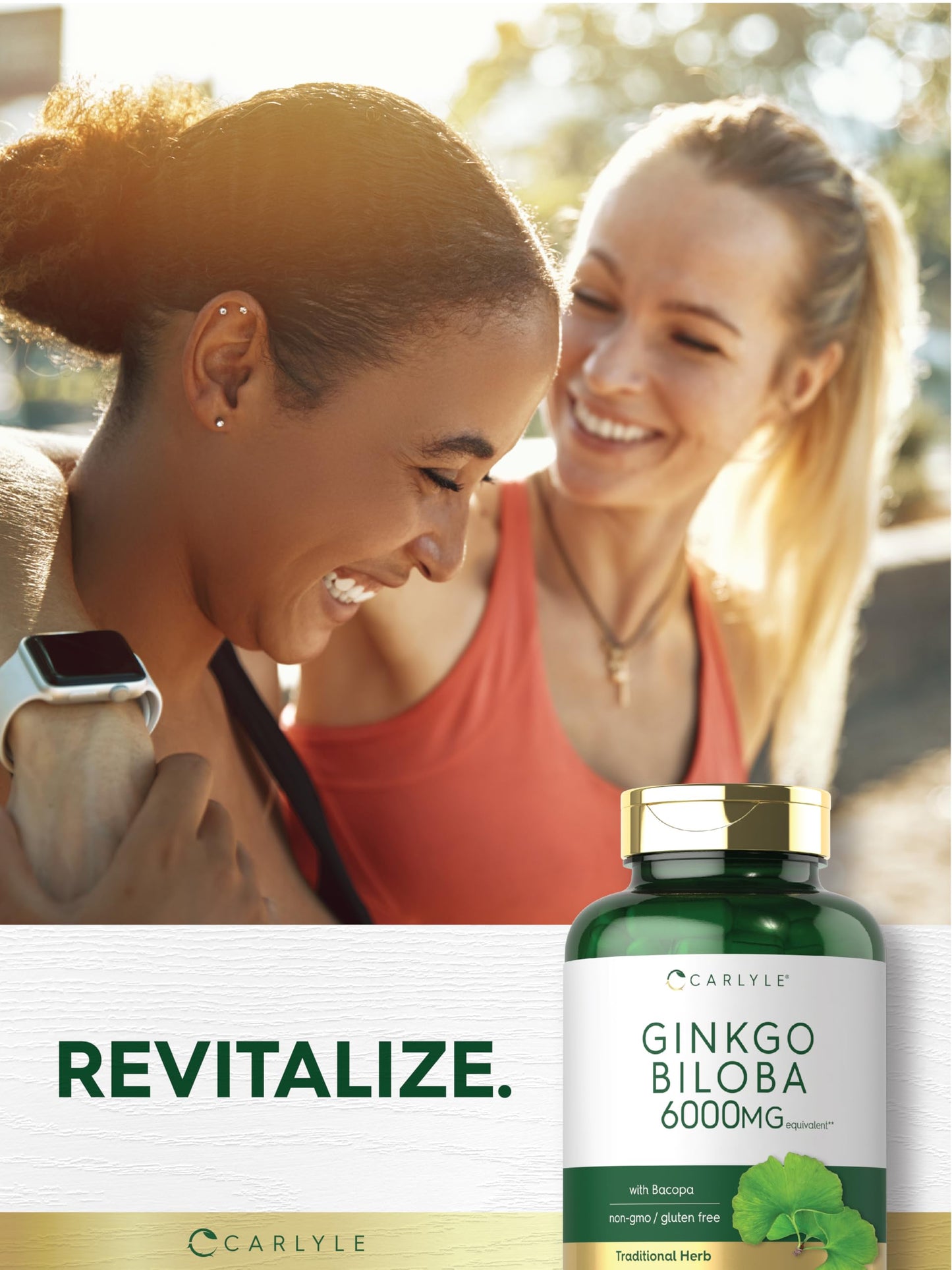 Gluten-free and allergen-free certifications on the Carlyle 6000mg capsule bottle packaging