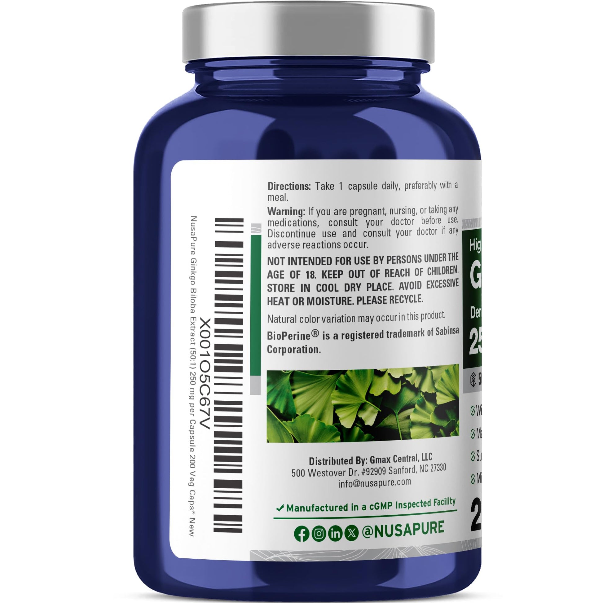 Side view of the NusaPure 50 to 1 Ginkgo Biloba extract bottle detailing vegan attributes