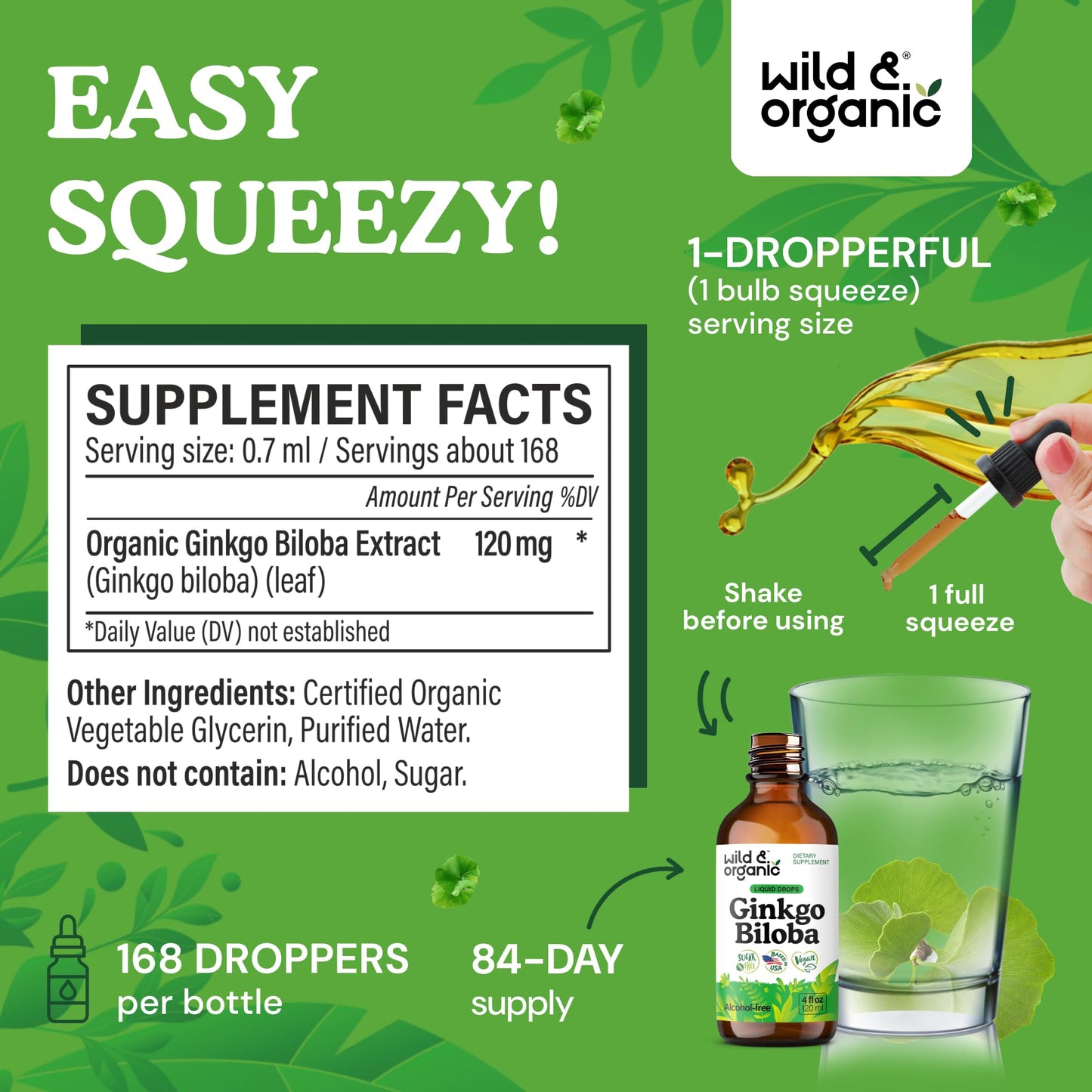 Wild And Organic Ginkgo Biloba four fluid ounce supplement packaging back label