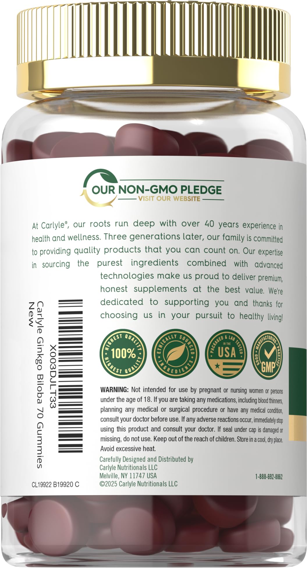 Close-up of the non-GMO and gluten-free certifications on the Carlyle Ginkgo Biloba packaging.