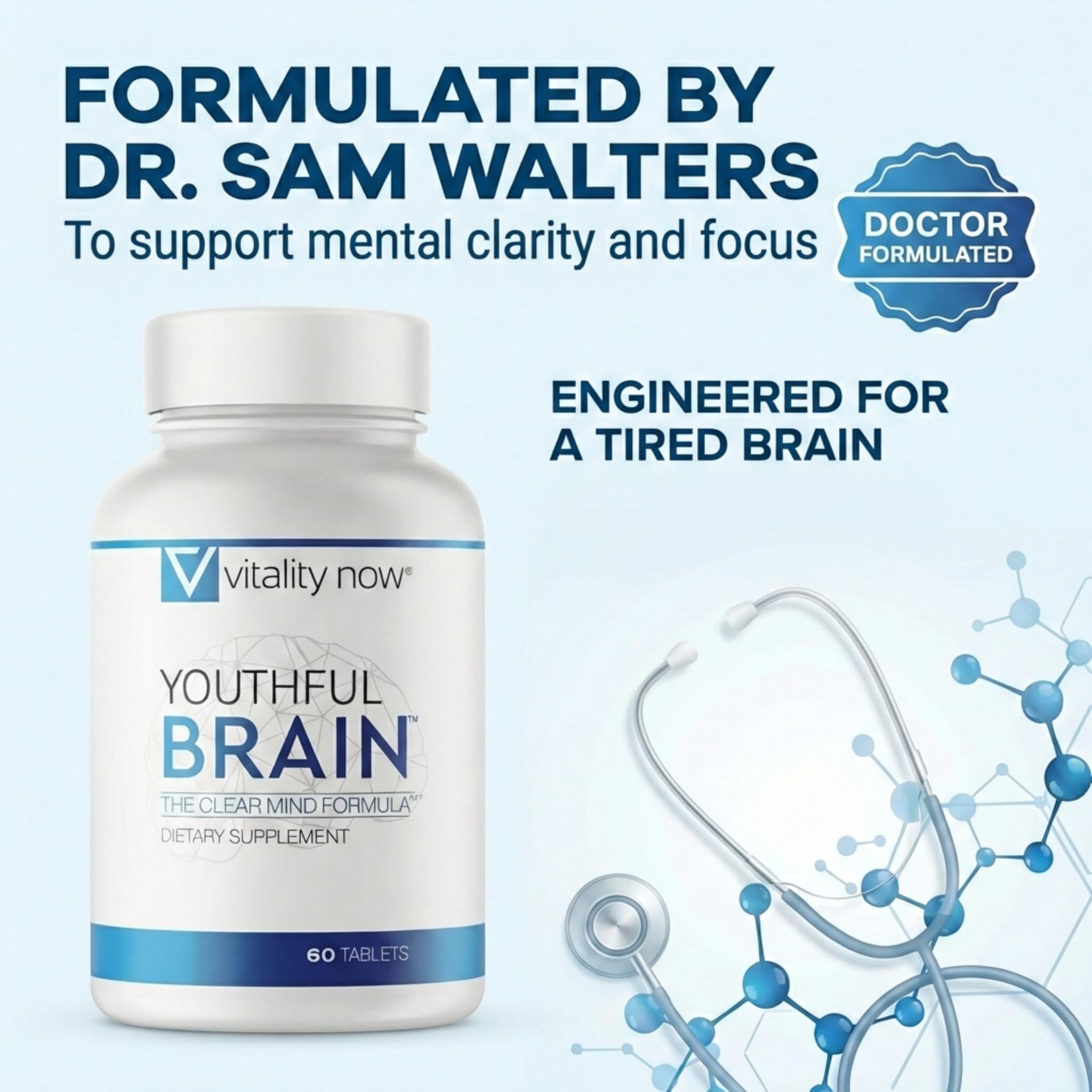 Vitality Now Youthful Brain dietary supplement bottle showing ingredients list label