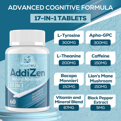 SehatiKu AddiZen sixty daily tablets supplement facts panel highlighting vitamin B12 and magnesium