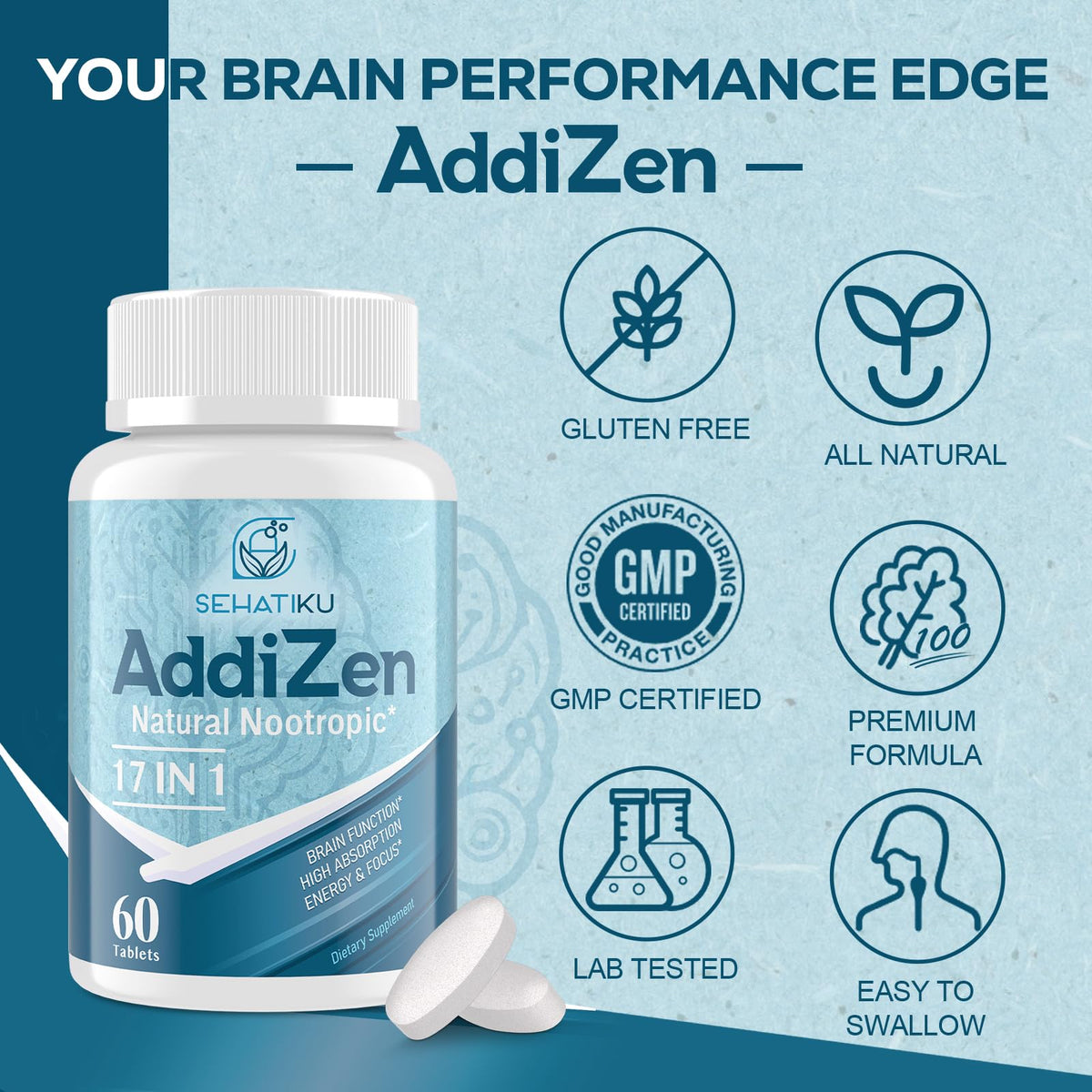 SehatiKu AddiZen non-habit forming brain booster pills showing clean dietary supplement seal
