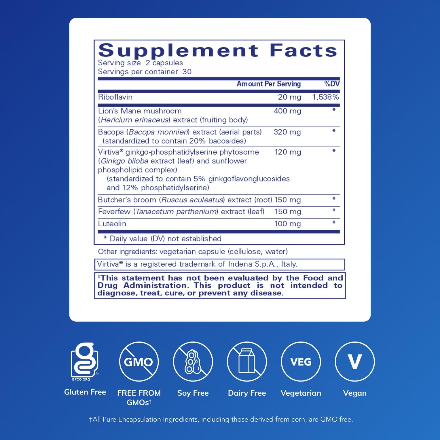 Pure Encapsulations focus and memory supplement capsule facts label