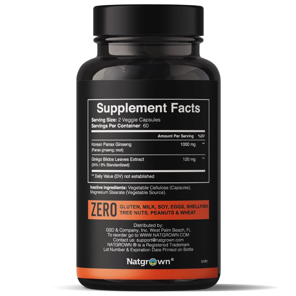 Supplement facts and ingredient list label on the back of Natgrown Ginseng and Ginkgo Biloba bottle