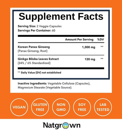 Authentic USA imported Natgrown Korean red ginseng capsules packaging details for brain health
