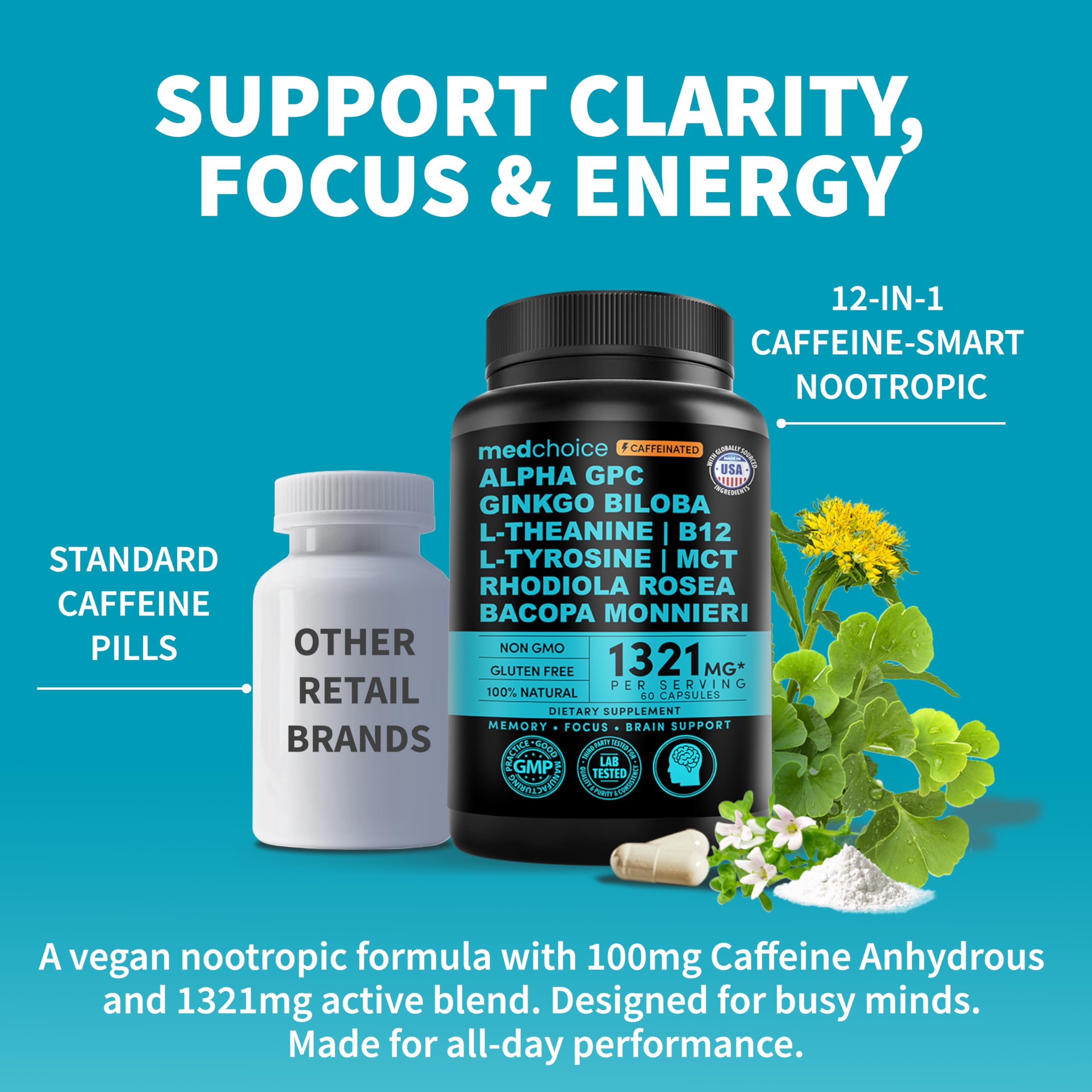 MedChoice cognitive supplement nutritional facts label showing Alpha GPC and Ginkgo Biloba