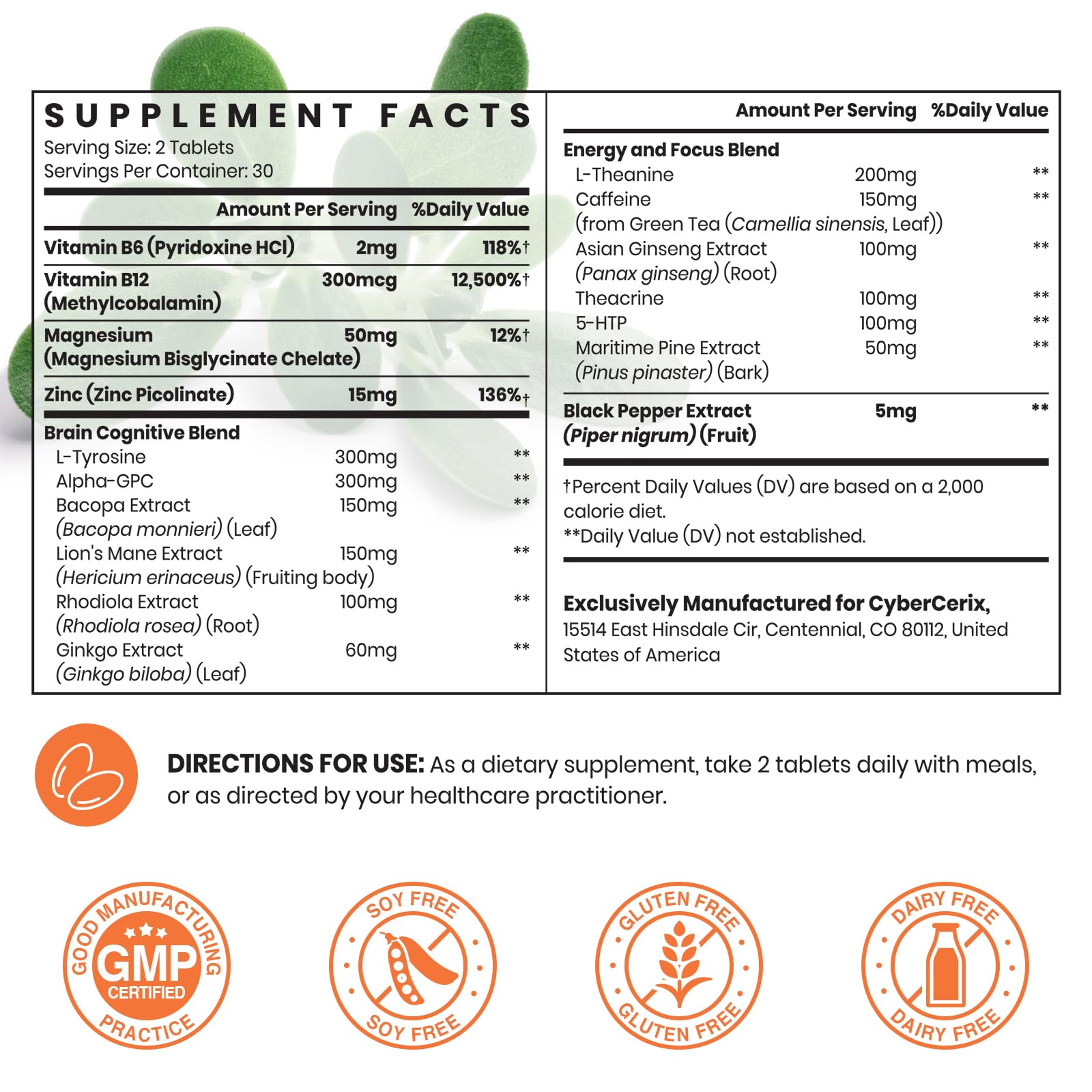 CyberCerix Addifocus brain booster formula side label displaying comprehensive ingredients list