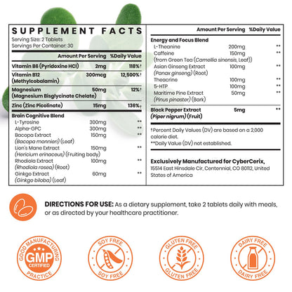 CyberCerix Addifocus brain booster formula side label displaying comprehensive ingredients list