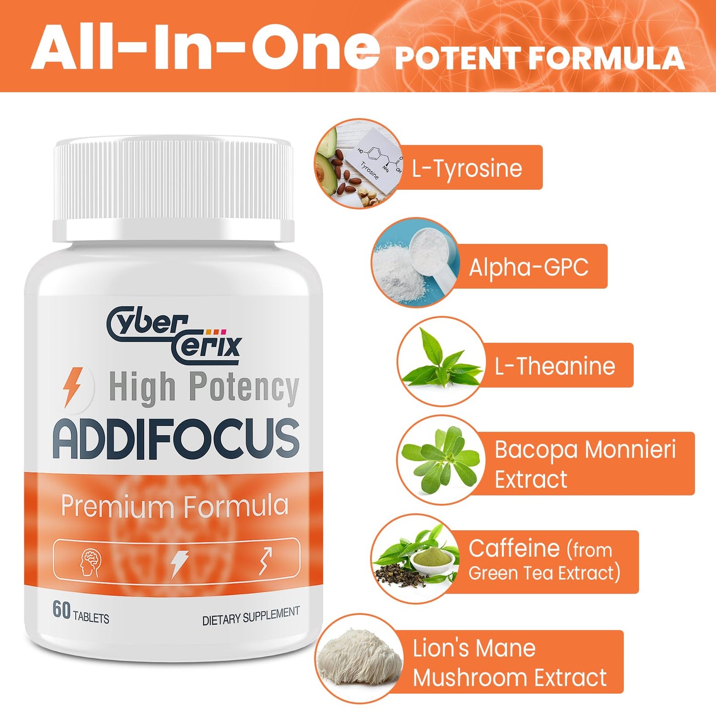 Premium USA imported cognitive health supplement bottle showing directions and nutritional facts