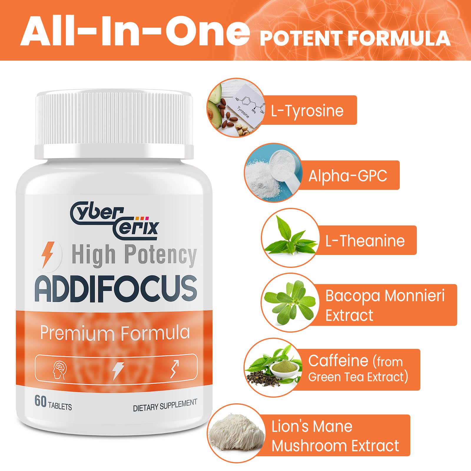 Premium USA imported cognitive health supplement bottle showing directions and nutritional facts