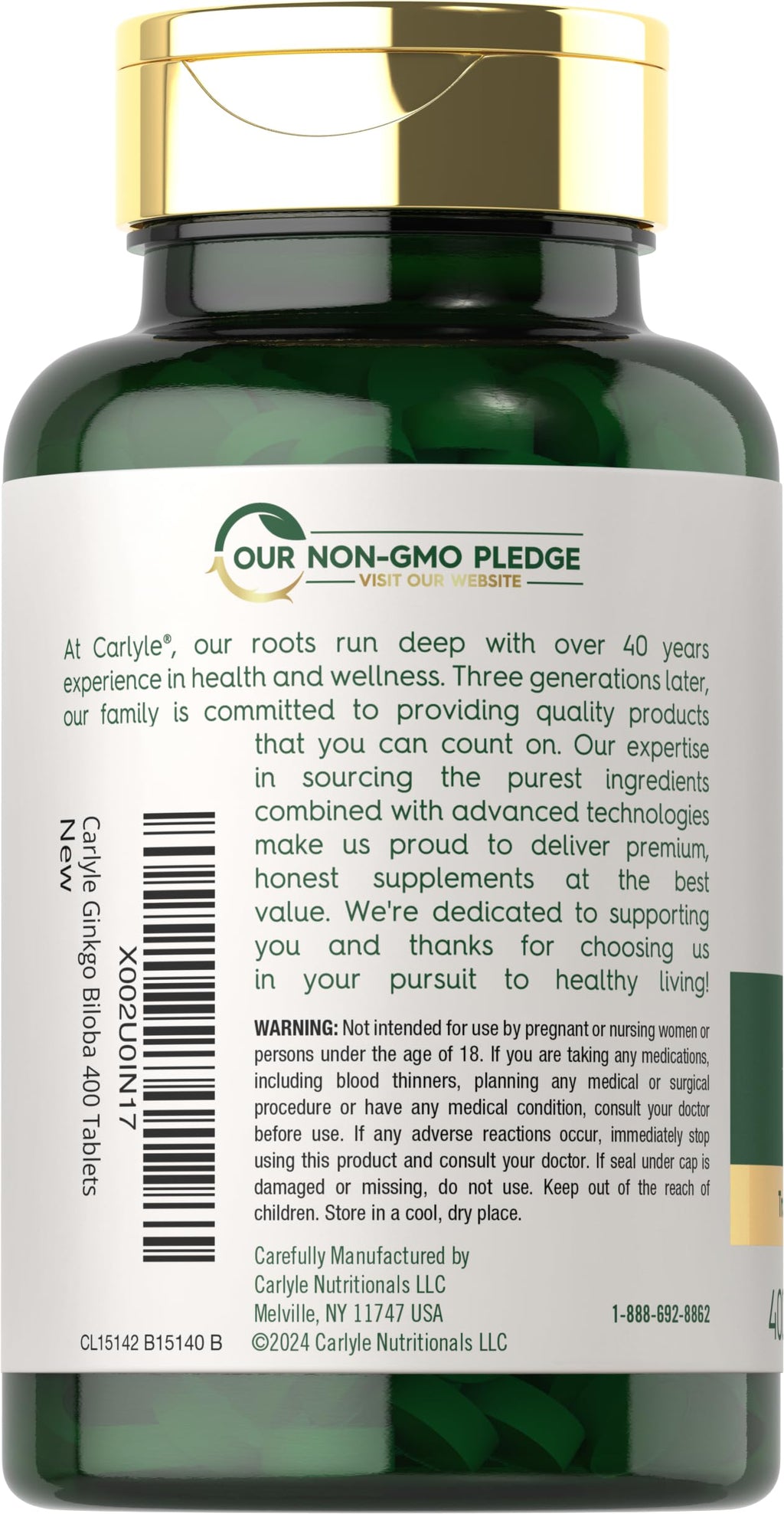 Back label of Carlyle Ginkgo Biloba showing supplement facts and plant origin ingredients