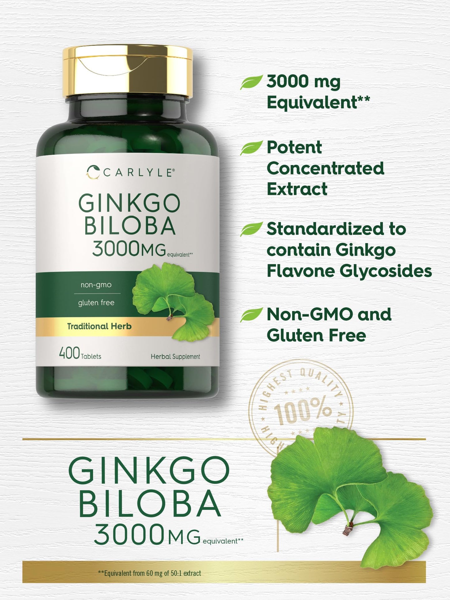 Side panel view of Carlyle herbal supplement highlighting non-GMO and gluten-free seals