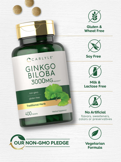Close-up image of Carlyle Ginkgo Biloba tablets next to the authentic packaging container