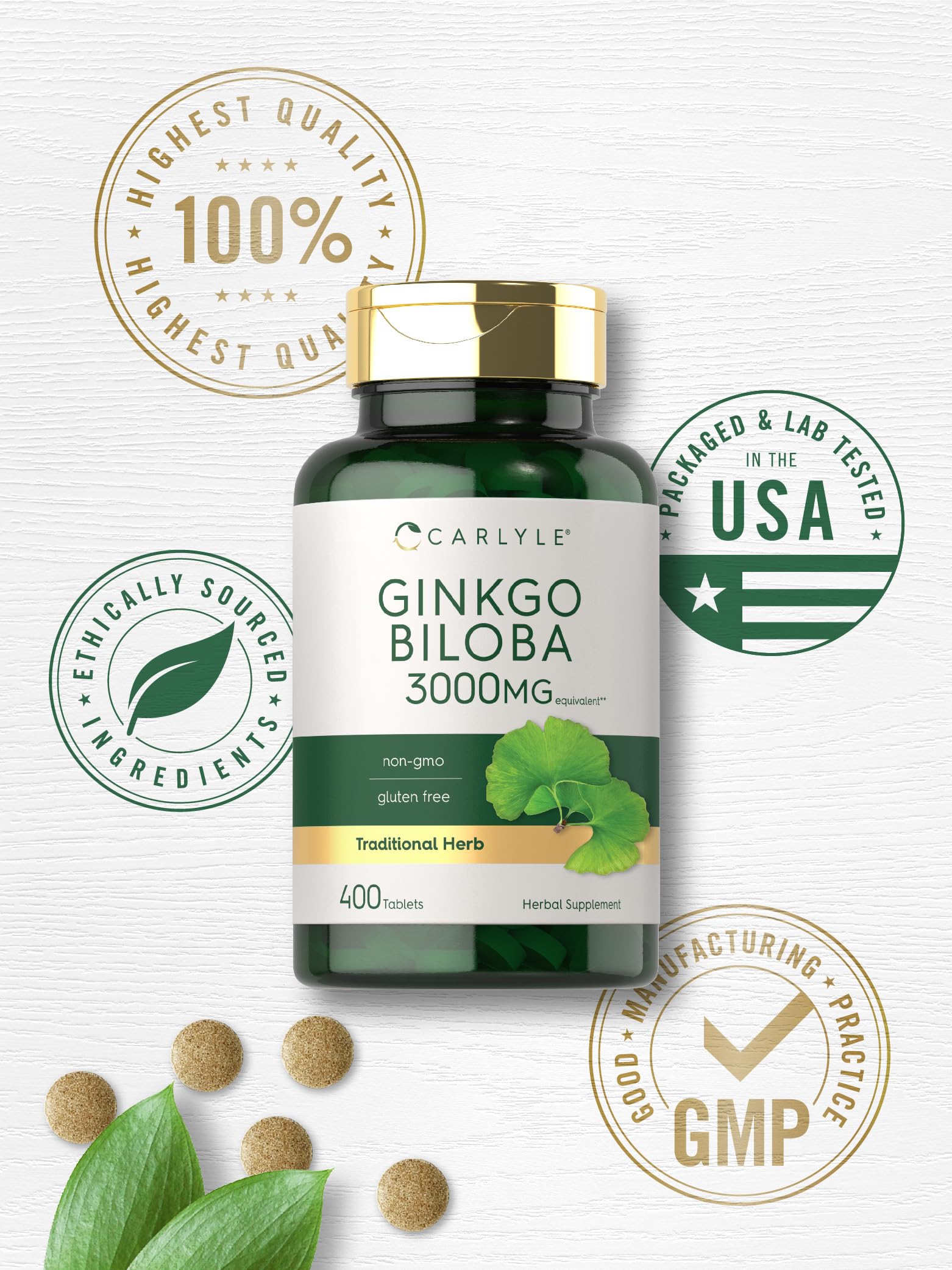 Authentic imported Carlyle Ginkgo Biloba 400 vegetarian tablets packaging layout