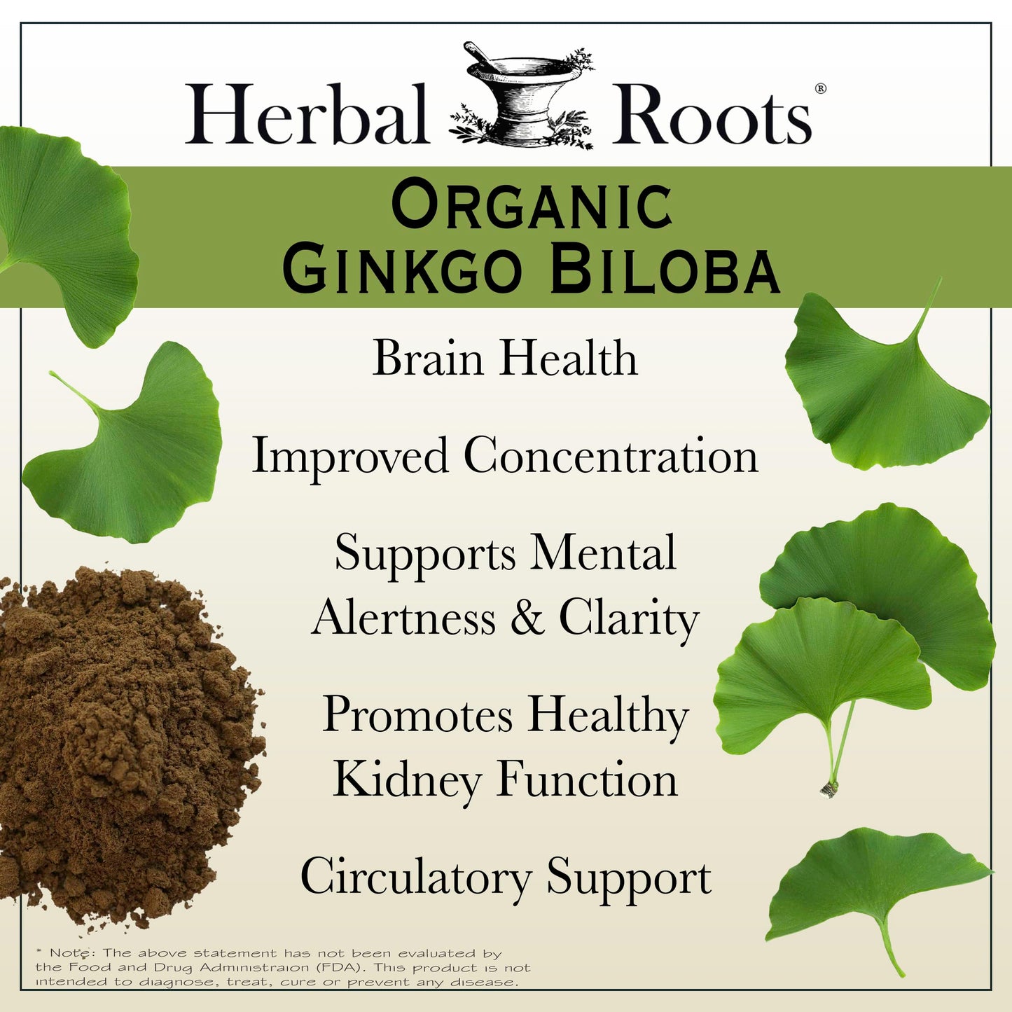 Herbal Roots Ginkgo Biloba supplement facts showing pure ingredients and 1400mg serving size.